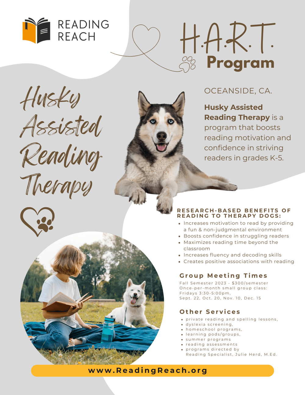 Husky Assisted Reading Therapy  reading therapy dogs animal assisted therapy oceanside san diego california